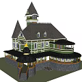 Single Family House Featuring Green Exterior Gabled Roofs Tower Stone Foundation And Porch