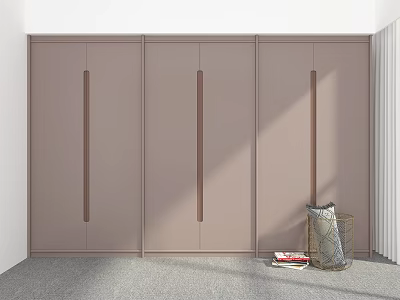Modern Minimalist Brown Wardrobe With Flat Panels Long Strip Handles And Woven Basket With Pillows And Books 3d model