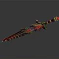 Red And Golden Mythical Sword With Intricate Ornate Design And Decorative Hilt