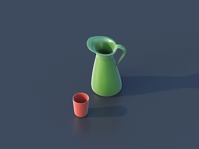Small Red Cup with Green Pitcher on Smooth Dark Background Surface 3d model