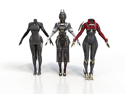 Three Futuristic Humanoid Characters in Stylish Armor With Varied Designs And Color Accents 3d model