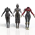 Three Futuristic Humanoid Characters in Stylish Armor With Varied Designs And Color Accents