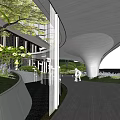 Modern Sales Office Building With Curved Roof Greenery And Surrounding High Rise Buildings