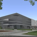 Modern Glass Curtain Wall Office Building With Landscaped Courtyard And Artistic Sculptures