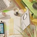 Modern Home Office Desk and Chair Set with Computer Monitor Keyboard Headphones and Green Plants