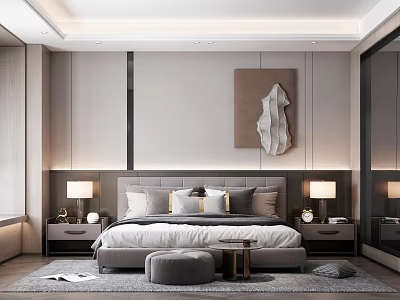 Modern Minimalist Bedroom Featuring Large Gray Bed Nightstands Lamps Decorative Painting Round Ottoman And Rug 3d model