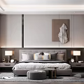Modern Minimalist Bedroom Featuring Large Gray Bed Nightstands Lamps Decorative Painting Round Ottoman And Rug