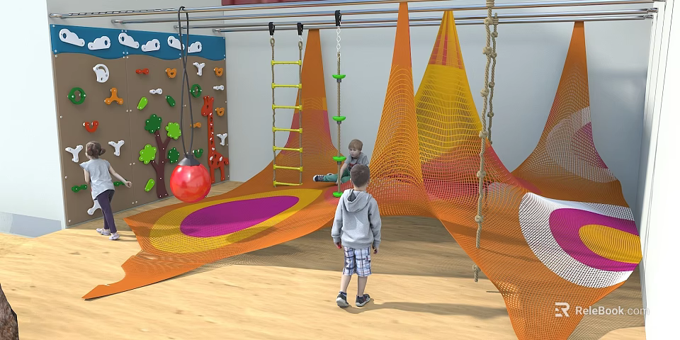 Kindergarten Indoor Play Area Where Children Play With Climbing Wall Colorful Nets And Ladders 3d model 