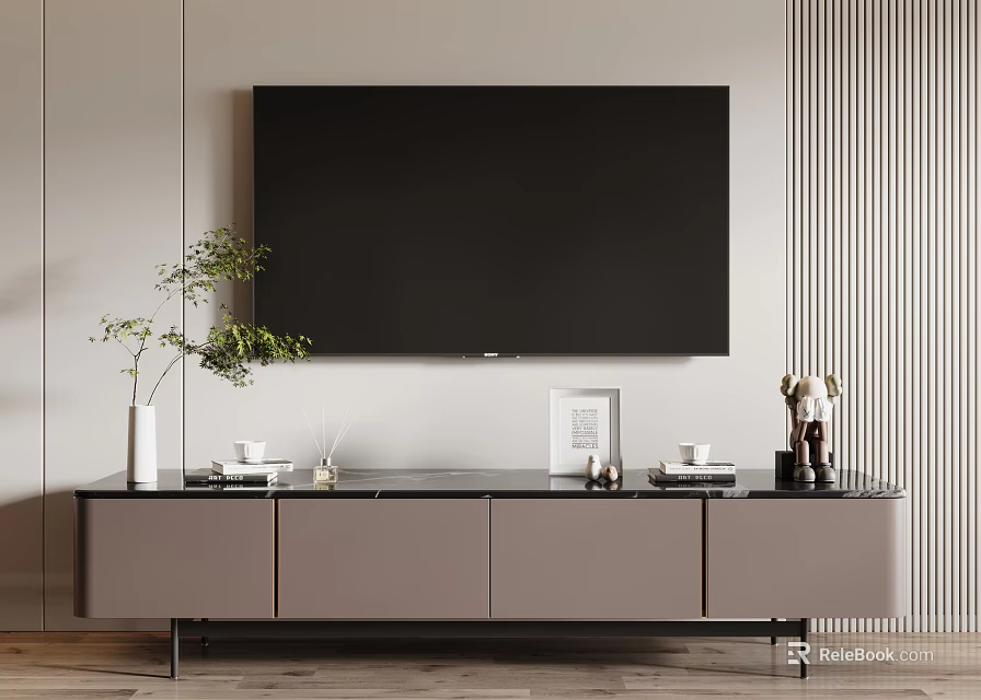 Modern TV Stand With Flat Screen TV Green Plant Photo Frame And Vertical Striped Wall 3d model 
