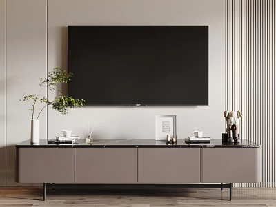 Modern TV Stand With Flat Screen TV Green Plant Photo Frame And Vertical Striped Wall 3d model
