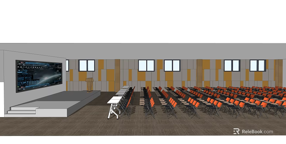 Spacious Conference Room Setup With Podium Projector Screen And Orange Chairs 3d model 