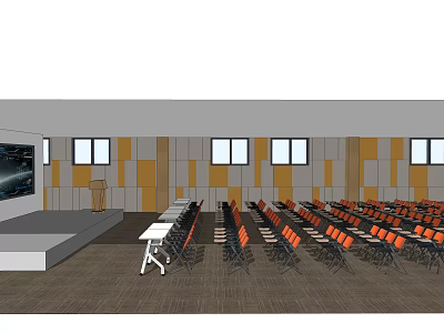 Spacious Conference Room Setup With Podium Projector Screen And Orange Chairs 3d model