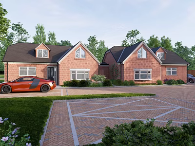 Brick Terraced Houses With Dark Roofs Orange Sports Car Driveway Paved Courtyard And Trees 3d model