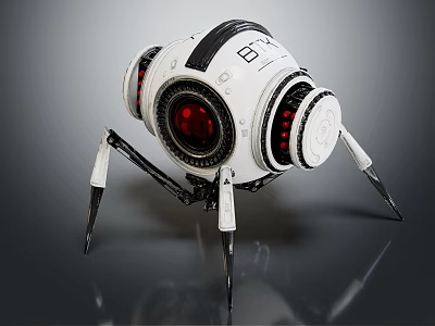 Smart Machine Featuring Spherical Design Red Lens And Spider Like White Black Legs 3d model