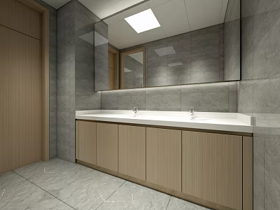 Modern Public Restroom Interior Featuring Grey Tile Walls Large Mirror Double Sink And Wooden Cabinets 3d model