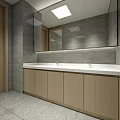 Modern Public Restroom Interior Featuring Grey Tile Walls Large Mirror Double Sink And Wooden Cabinets