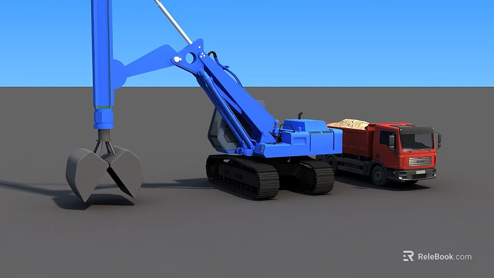 Blue Tracked Excavator With Claw And Red Dump Truck Functional Construction Vehicles 3d model 