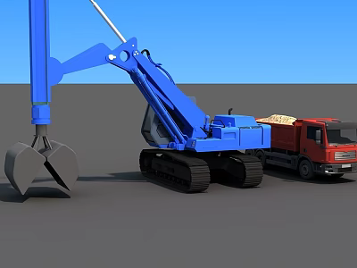 Blue Tracked Excavator With Claw And Red Dump Truck Functional Construction Vehicles 3d model