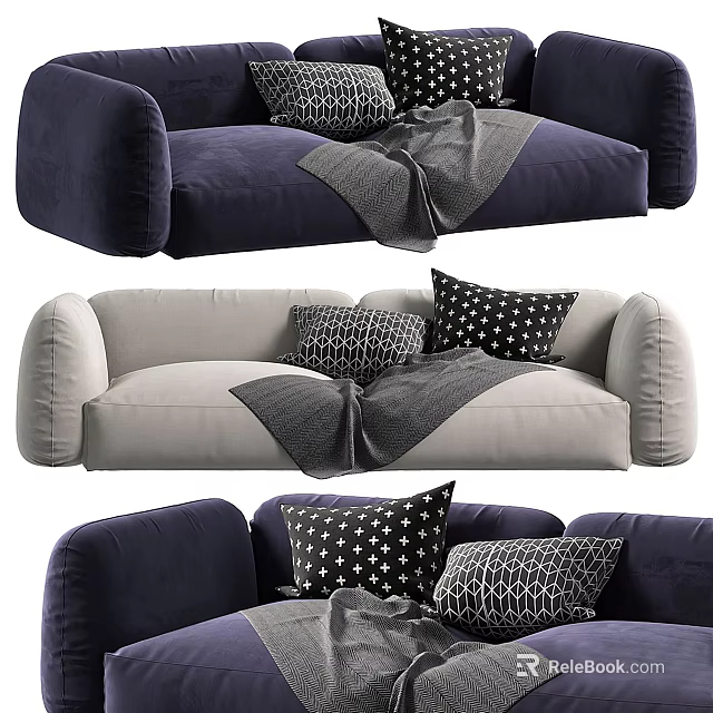 Two Seater Sofa In Navy And Gray With Black White Patterned Pillows And Gray Blanket 3d model 