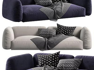 Two Seater Sofa In Navy And Gray With Black White Patterned Pillows And Gray Blanket 3d model