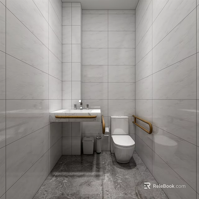 Clean Modern Public Restroom With Tiled Walls Mirror Sink Toilet Handrail And Trash Bin 3d model 