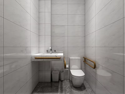 Clean Modern Public Restroom With Tiled Walls Mirror Sink Toilet Handrail And Trash Bin 3d model