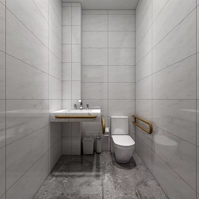 Clean Modern Public Restroom With Tiled Walls Mirror Sink Toilet Handrail And Trash Bin 3d model