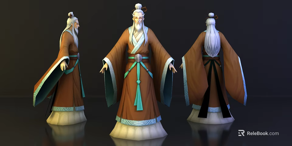 Ancient Wise Elder Character In Traditional Robe Three Angles 3D Model View 3d model 