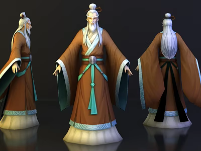Ancient Wise Elder Character In Traditional Robe Three Angles 3D Model View 3d model
