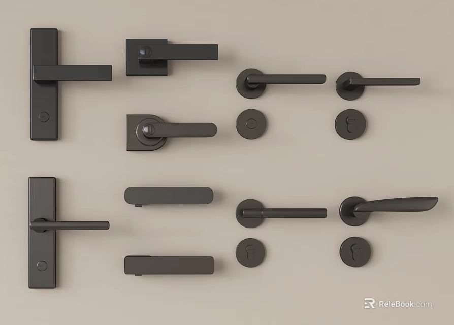 Various Stylish Black Door Handles With Modern Designs And Different Shapes 3d model 