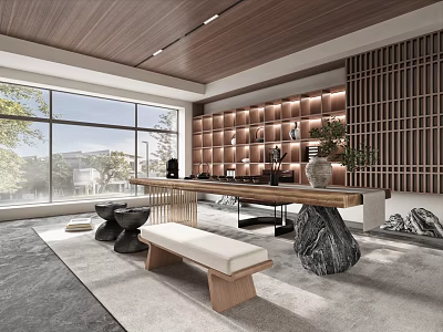 Modern Tea Room With Large Windows Wooden Shelves And Stone Decor 3d model
