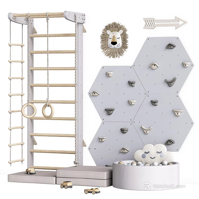 Indoor Kids Play Equipment With Climbing Ladder Gym Rings Rock Wall Decorative Lion And Sheep Plush 3d model 