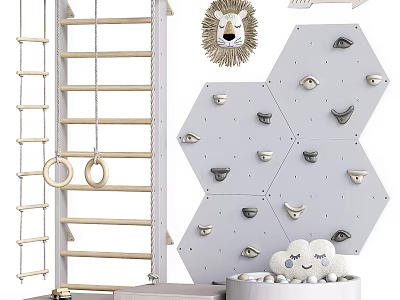 Indoor Kids Play Equipment With Climbing Ladder Gym Rings Rock Wall Decorative Lion And Sheep Plush 3d model