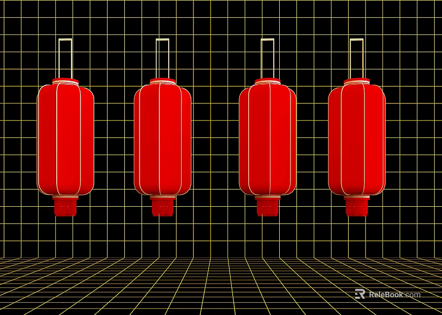 Four Red Lanterns Hanging In A Row Against Black Grid Background 3d model