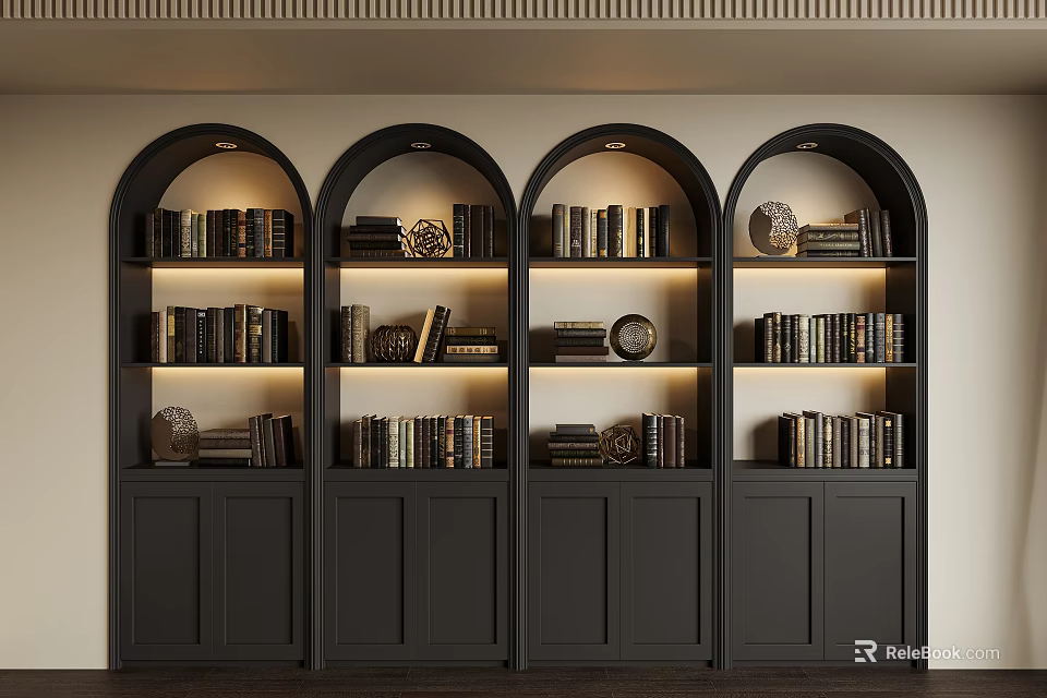 Black Arched Bookcases With Multi Tiered Shelves Books And Decorative Items 3d model 