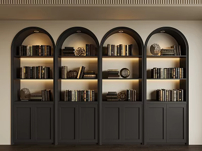 Black Arched Bookcases With Multi Tiered Shelves Books And Decorative Items 3d model