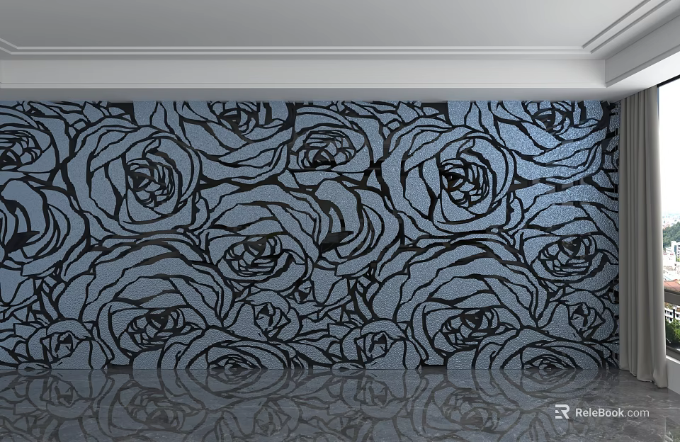 Modern Decorative Wall Design With Blue Gray Intricate Rose Pattern 3d model 