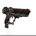 Intricate Designed Gun with Metallic and Wooden Elements Decorative Details and Blue Accents
