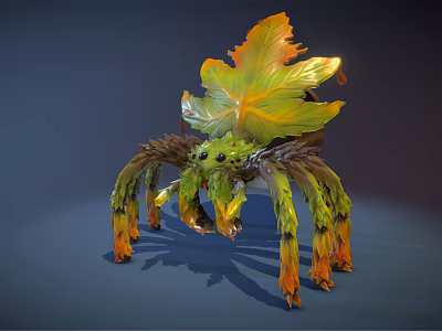 Fantasy Spider with Maple Leaf Like Back Yellow Orange Green Legs Featuring Gradient Color Patterns 3d model