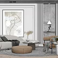 Modern Living Room Sofa and Coffee Table Set with Ottoman Rug and Abstract Painting