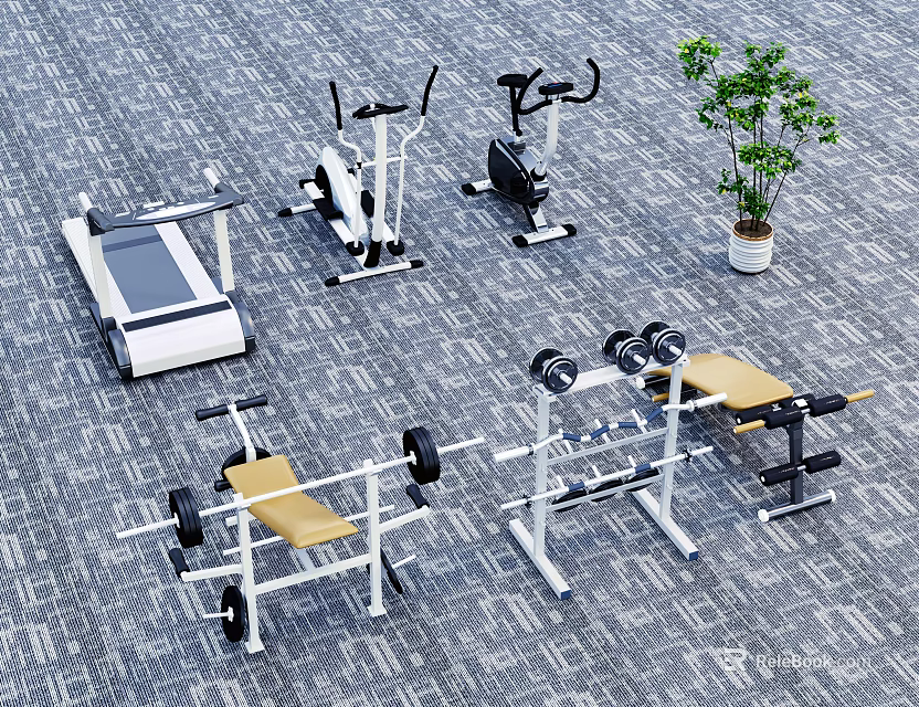 Complete Home Fitness Equipment Set With Treadmill Exercise Bike Dumbbells And Bench Press 3d model 