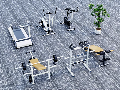 Complete Home Fitness Equipment Set With Treadmill Exercise Bike Dumbbells And Bench Press 3d model