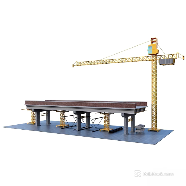 Construction Site Building Components With Tower Crane Bridge Structure Support Columns And Platforms 3d model
