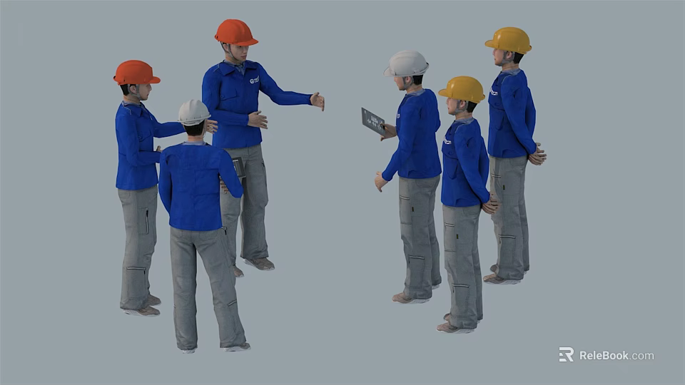 Group of Construction Workers in Blue Uniforms with Colored Safety Helmets Discussing Project on Tablet 3d model 
