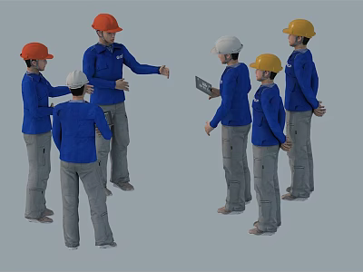 Group of Construction Workers in Blue Uniforms with Colored Safety Helmets Discussing Project on Tablet 3d model