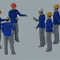 Group of Construction Workers in Blue Uniforms with Colored Safety Helmets Discussing Project on Tablet