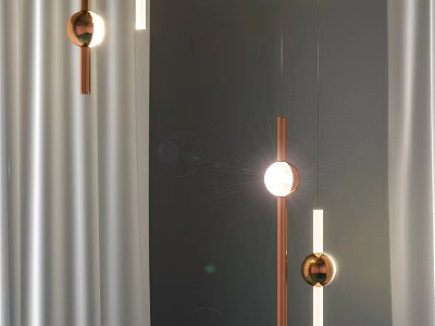 Modern Sphere Chandelier With Copper Rods And Bright Lighting In Interior 3d model