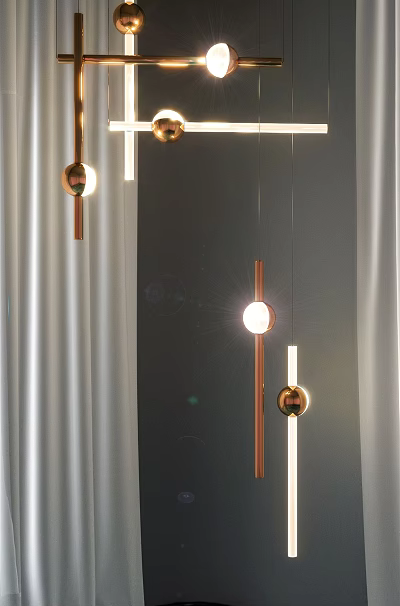 Modern Sphere Chandelier With Copper Rods And Bright Lighting In Interior 3d model