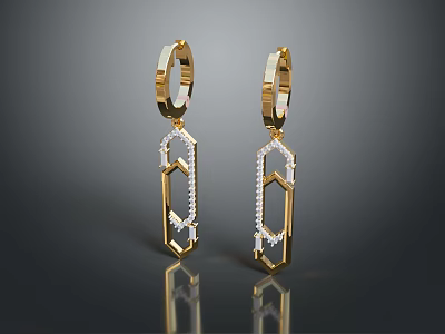 Fashionable Elegant Golden Hexagon Shape Earrings Adorned With Sparkling Diamonds Modern Design 3d model