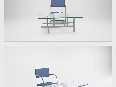 Modern Glass Top Coffee Table with Metal Frame and Blue Chair in Minimalist Design 3d model
